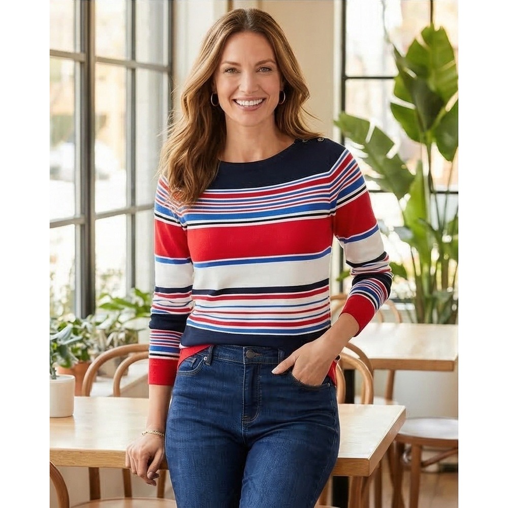 Talbots Womens L Nautical Stripe Button Shoulder Sweater Red Navy White NEW